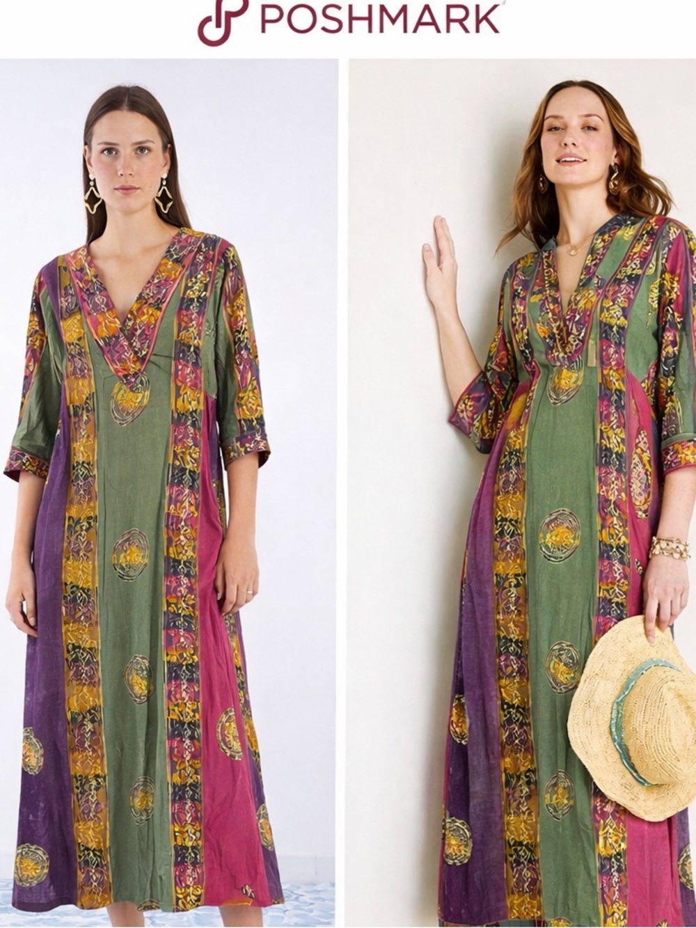 Soft Surroundings Boho Patchwork Maxi Tunic Dress 3/4 Sleeve Caftan Medium